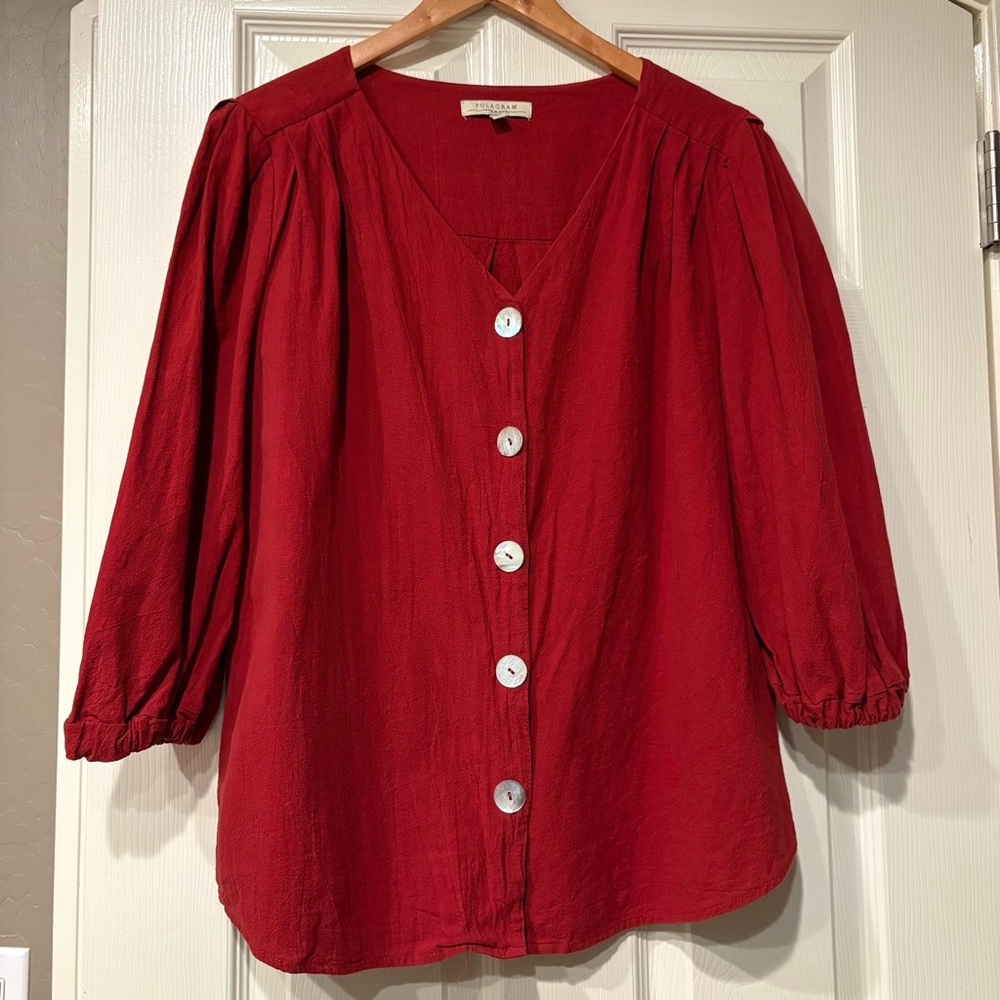 POLAGRAM Boutique Red Bishop Sleeve Top Size L Shell Buttons 100% Cotton Blouse